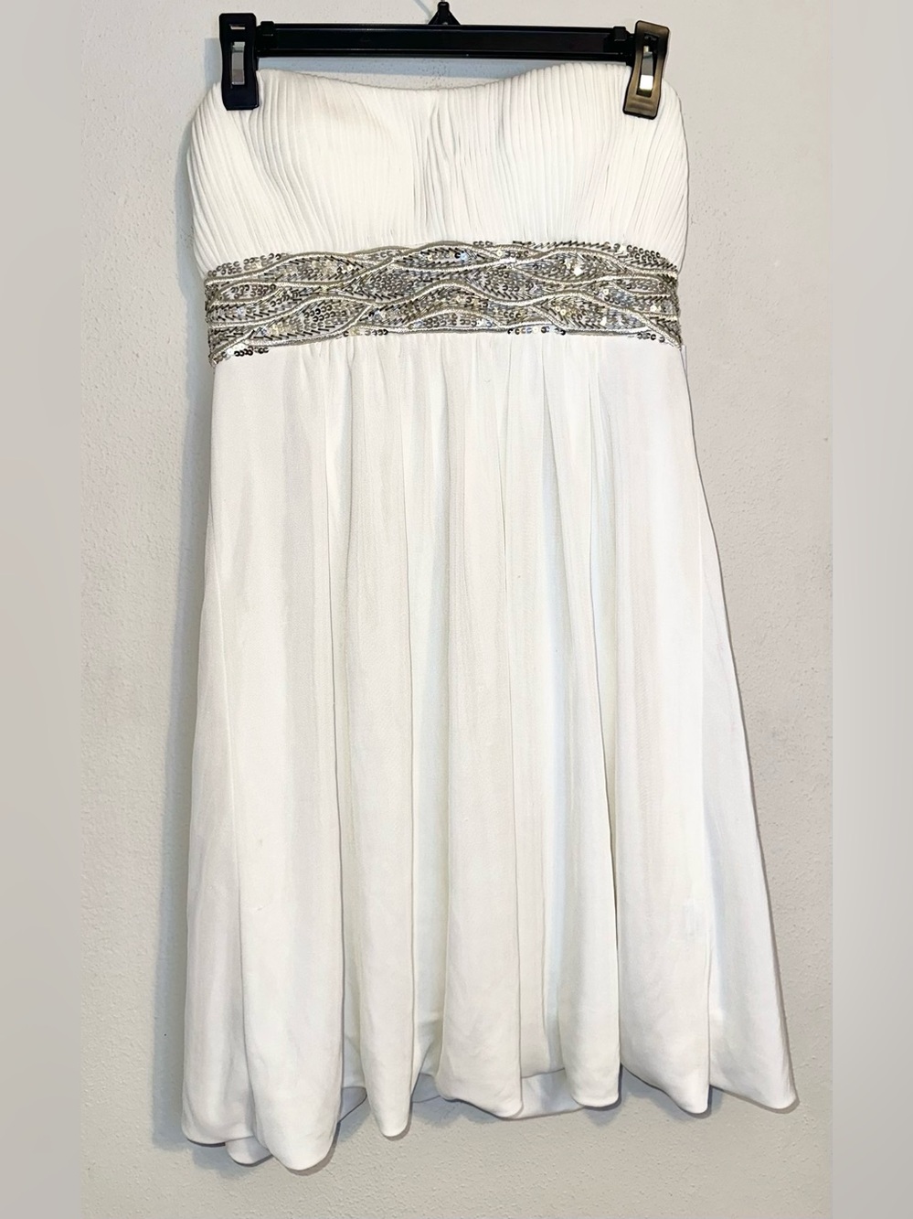 JS Boutique Strapless White Dress with Beaded Silver Design